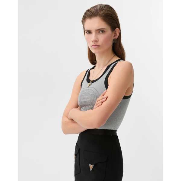 Versace Printed Cotton-Jersey Tank Top in Grey, view 4 | Sleeveless