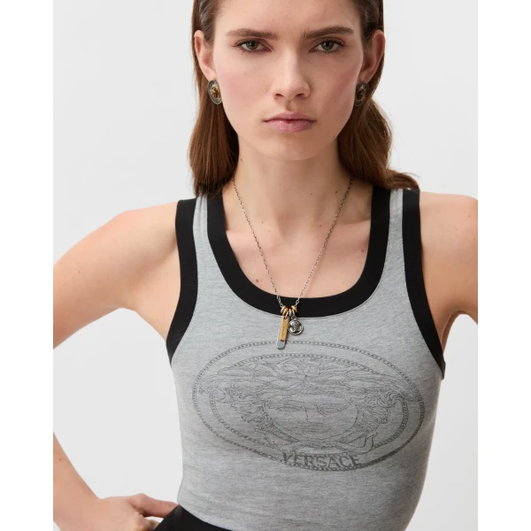 Versace Printed Cotton-Jersey Tank Top in Grey, view 5 | Sleeveless