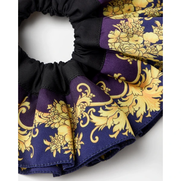 Versace Printed Cotton Poplin Scrunchie in Purple and Gold, view 2 | Hair Accessories