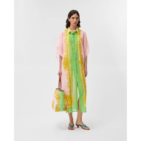 Versace Printed Cotton and Silk Voile Cover-Up Dress in Yellow and Pink, view 2 | Beach Dresses
