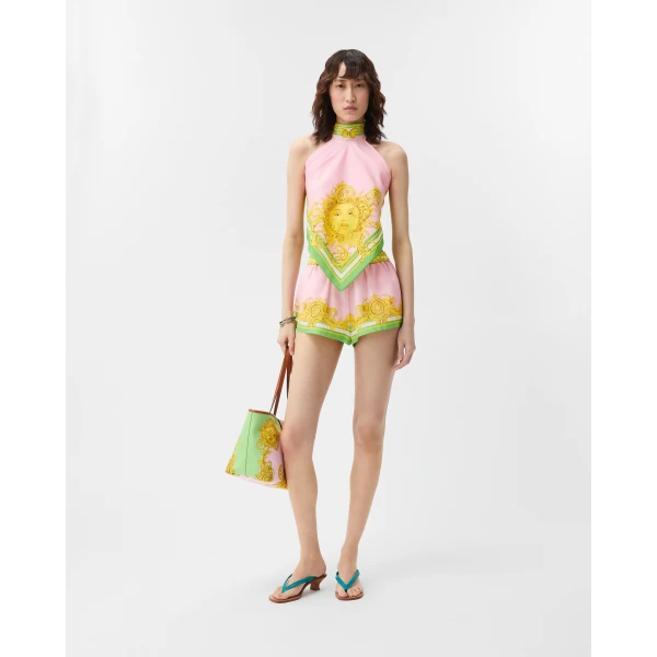 Versace Printed Cotton and Silk Voile Cover-Up Shorts in Yellow and Pink, view 2 | Beachwear