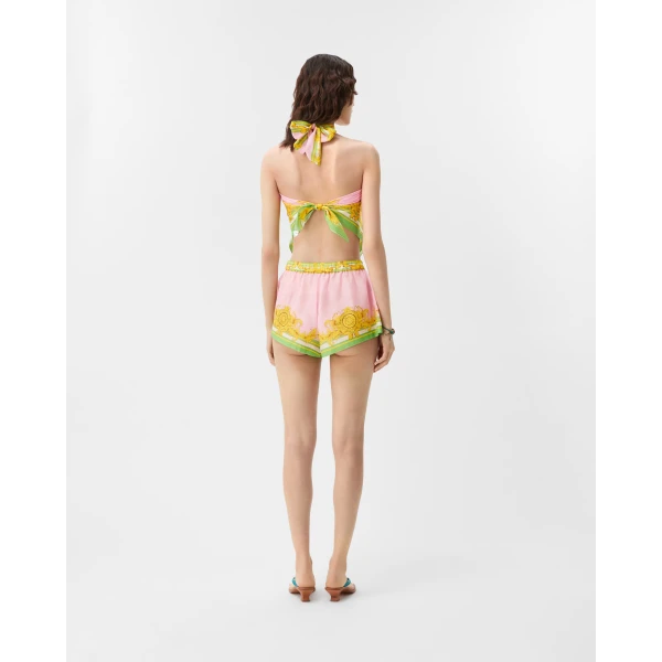 Versace Printed Cotton and Silk Voile Cover-Up Shorts in Yellow and Pink, view 3 | Beachwear