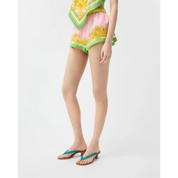 Versace Printed Cotton and Silk Voile Cover-Up Shorts in Yellow and Pink, view 4 | Beachwear