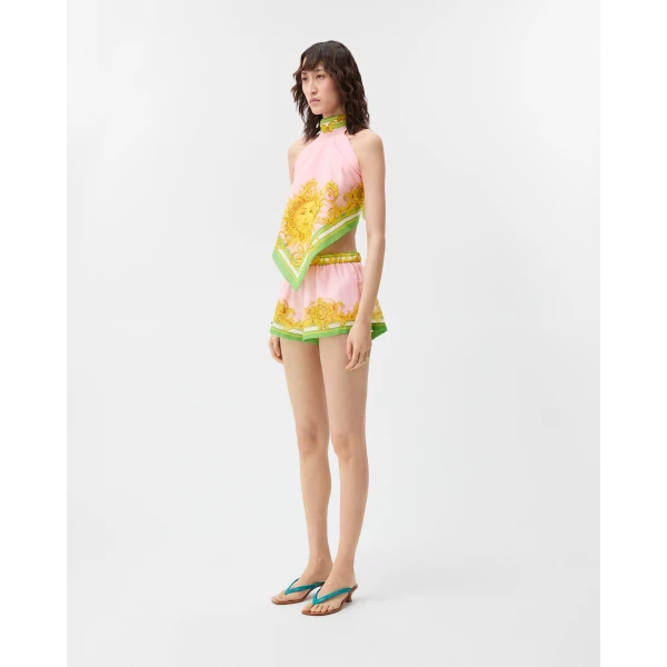 Versace Printed Cotton and Silk Voile Cover-Up Shorts in Yellow and Pink, view 6 | Beachwear