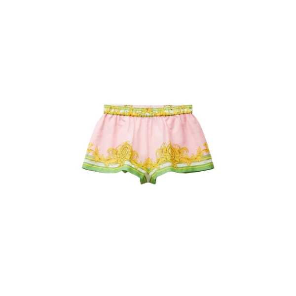 Versace Printed Cotton and Silk Voile Cover-Up Shorts in Yellow and Pink | Beachwear | Coveti