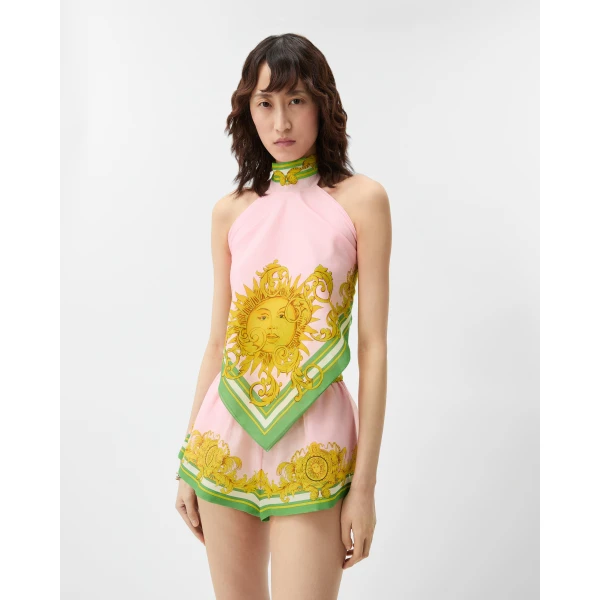 Versace Printed Cotton and Silk Voile Cover-Up Top in Yellow and Pink, view 2 | Beachwear