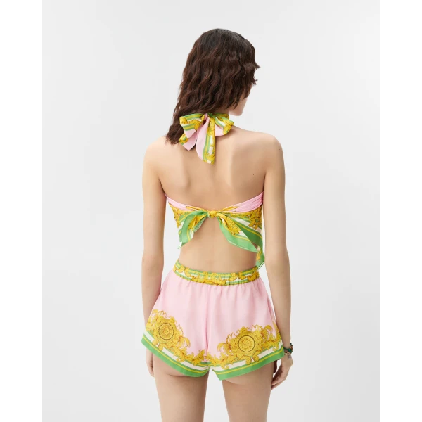 Versace Printed Cotton and Silk Voile Cover-Up Top in Yellow and Pink, view 3 | Beachwear
