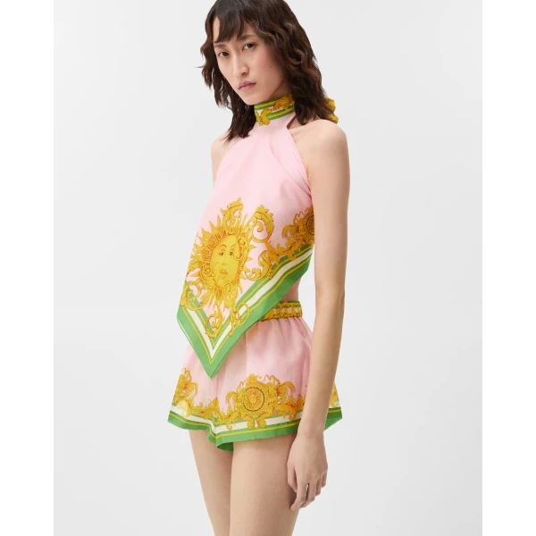 Versace Printed Cotton and Silk Voile Cover-Up Top in Yellow and Pink, view 4 | Beachwear