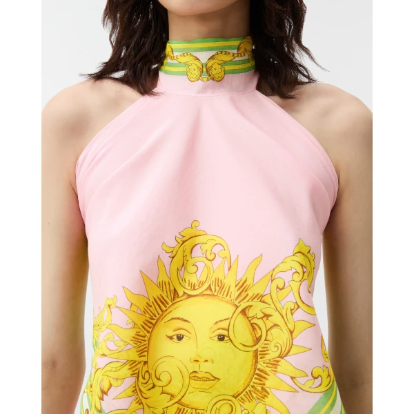 Versace Printed Cotton and Silk Voile Cover-Up Top in Yellow and Pink, view 5 | Beachwear