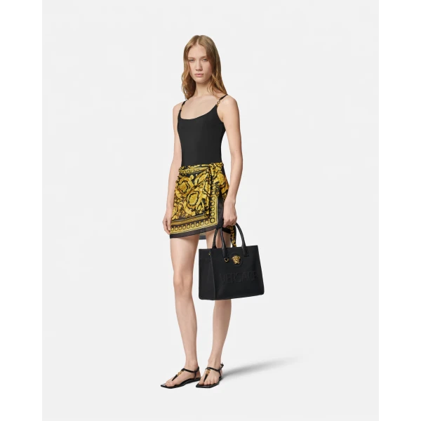 Versace Printed Cover-Up Skirt in Black and Print, view 2 | Beachwear