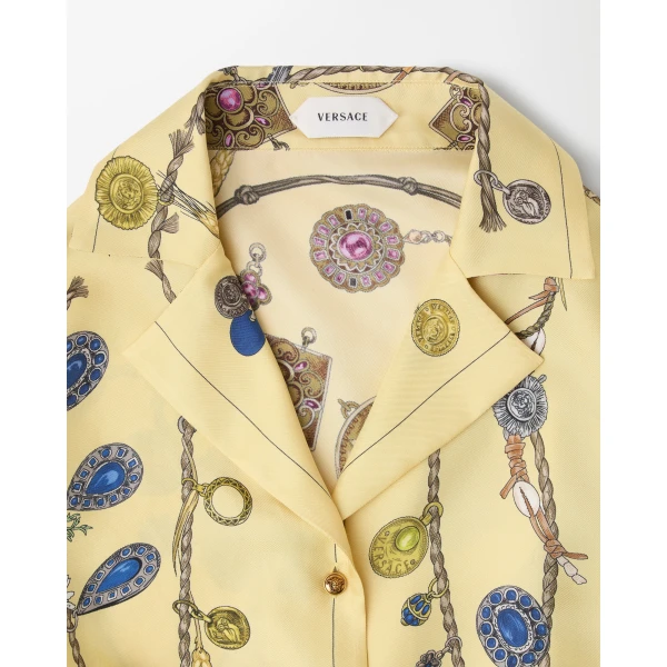Versace Printed Crop Silk Twill Shirt in Yellow, view 2 | Shirts