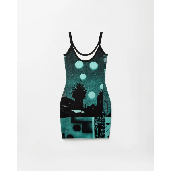 Versace Printed Knit Viscose Mini Dress in Light Blue, view 3 | Mini Dresses