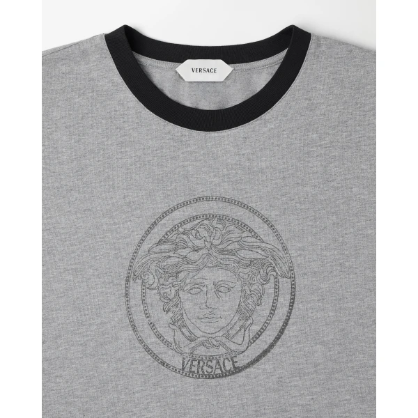 Versace Printed-Logo Cotton Jersey T-Shirt in Grey, view 2 | T-shirts