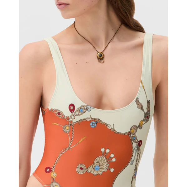 Versace Printed One-Piece Swimsuit in Orange, view 5 | Swimsuits