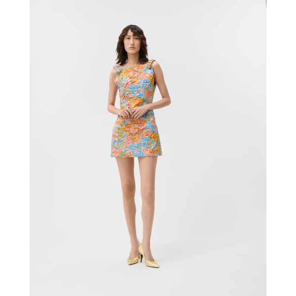 Versace Printed Silk Duchesse Mini Dress in Blue and Orange, view 2 | Mini Dresses