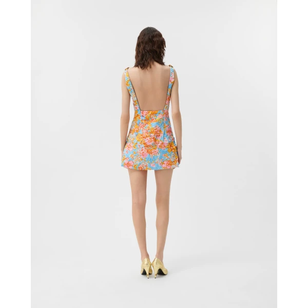 Versace Printed Silk Duchesse Mini Dress in Blue and Orange, view 3 | Mini Dresses
