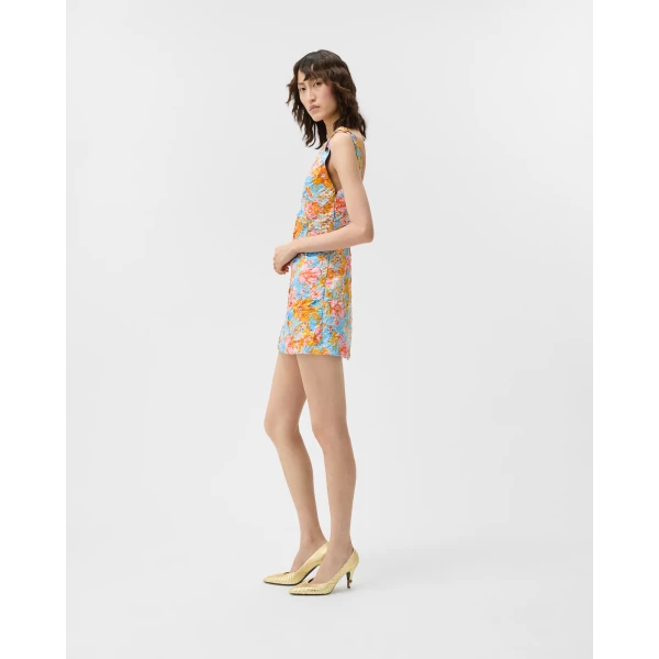 Versace Printed Silk Duchesse Mini Dress in Blue and Orange, view 4 | Mini Dresses