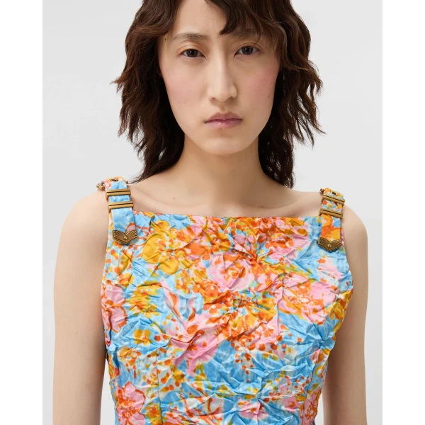 Versace Printed Silk Duchesse Mini Dress in Blue and Orange, view 5 | Mini Dresses