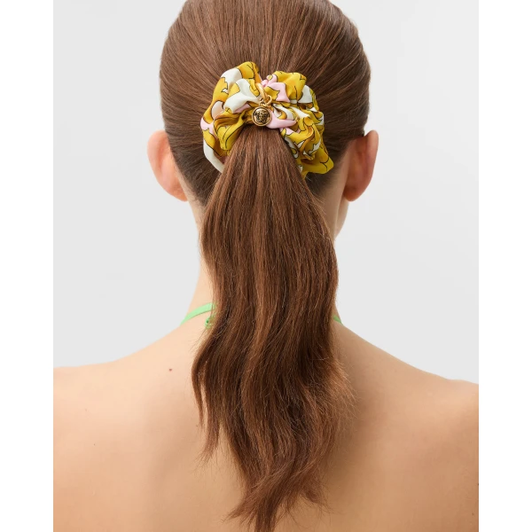Versace Printed Silk Scrunchie in Yellow and Pink, view 2 | Hair Accessories