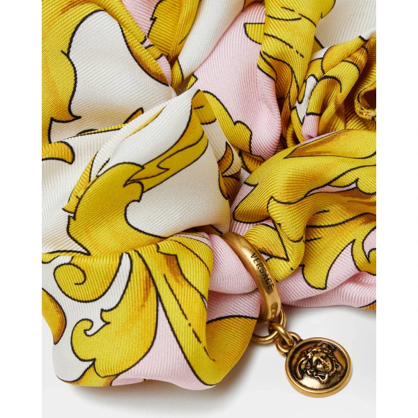 Versace Printed Silk Scrunchie in Yellow and Pink, view 3 | Hair Accessories