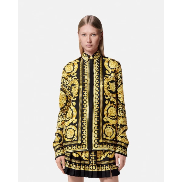 Versace Printed Silk Shirt in Black and Print, view 4 | Shirts
