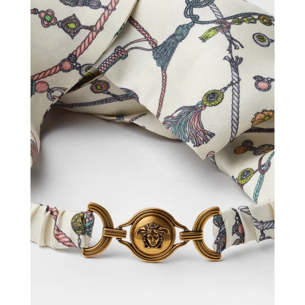 Versace Printed Silk Twill Headband in White and Hangin' Out Print, view 2 | Hair Accessories