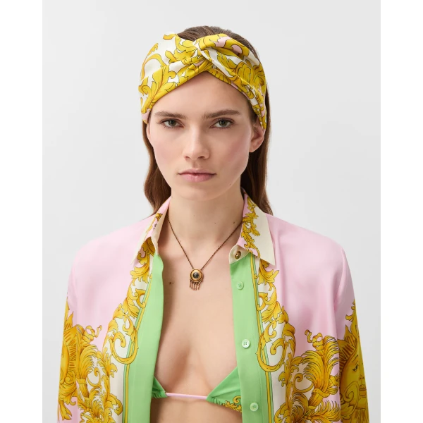Versace Printed Silk Twill Headband in Yellow and Pink, view 2 | Hair Accessories