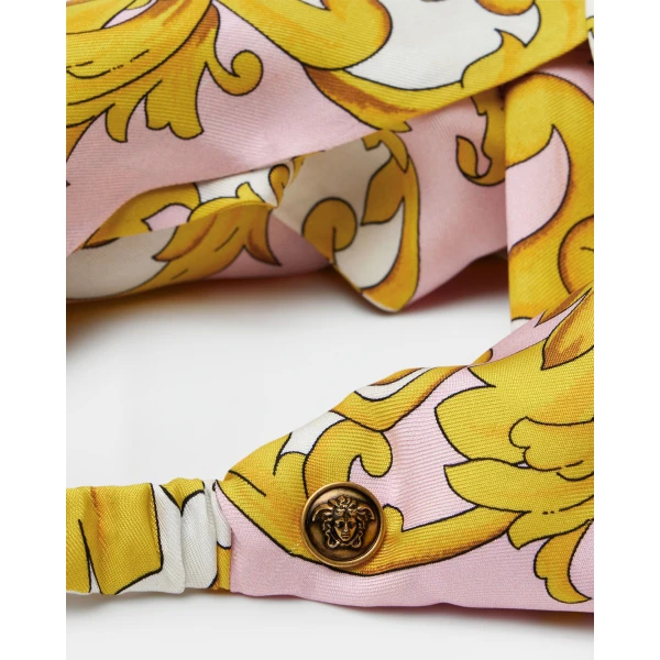 Versace Printed Silk Twill Headband in Yellow and Pink, view 3 | Hair Accessories