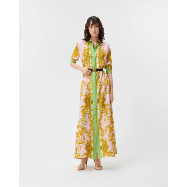 Versace Printed Silk Twill Long Dress in Yellow and Pink, view 2 | Maxi Dresses