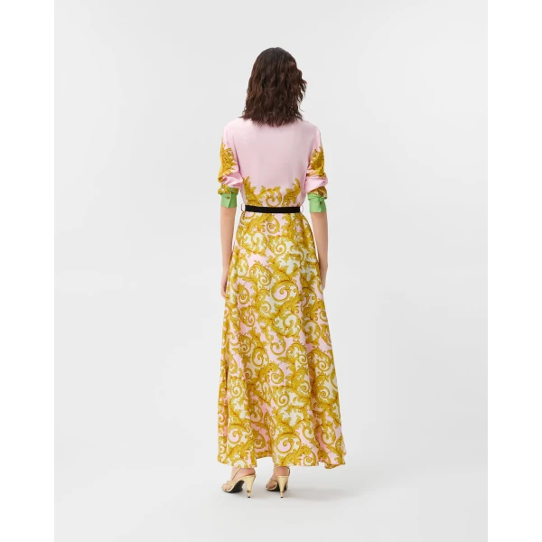 Versace Printed Silk Twill Long Dress in Yellow and Pink, view 3 | Maxi Dresses