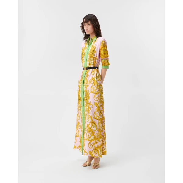 Versace Printed Silk Twill Long Dress in Yellow and Pink, view 4 | Maxi Dresses