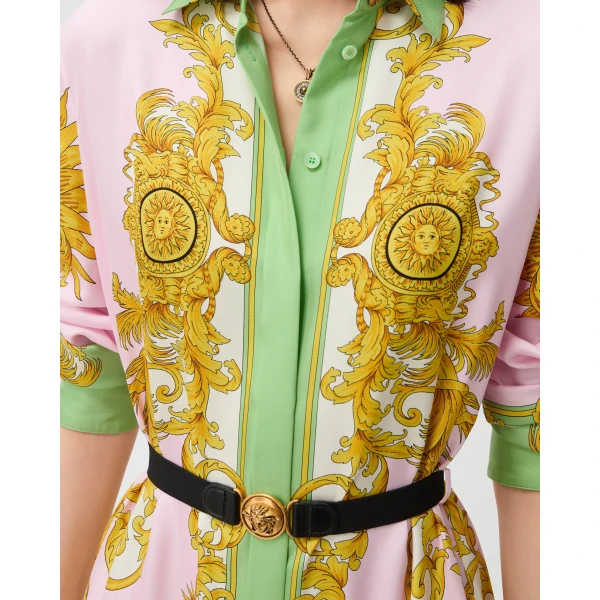 Versace Printed Silk Twill Long Dress in Yellow and Pink, view 5 | Maxi Dresses