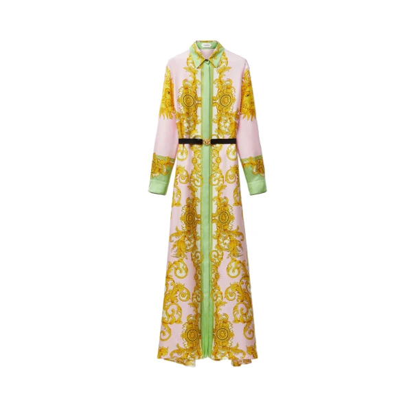Printed Silk Twill Long Dress in Yellow and Pink