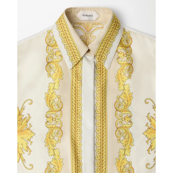 Versace Printed Silk Twill Midi Dress in White and Gold, view 2 | Midi Dresses