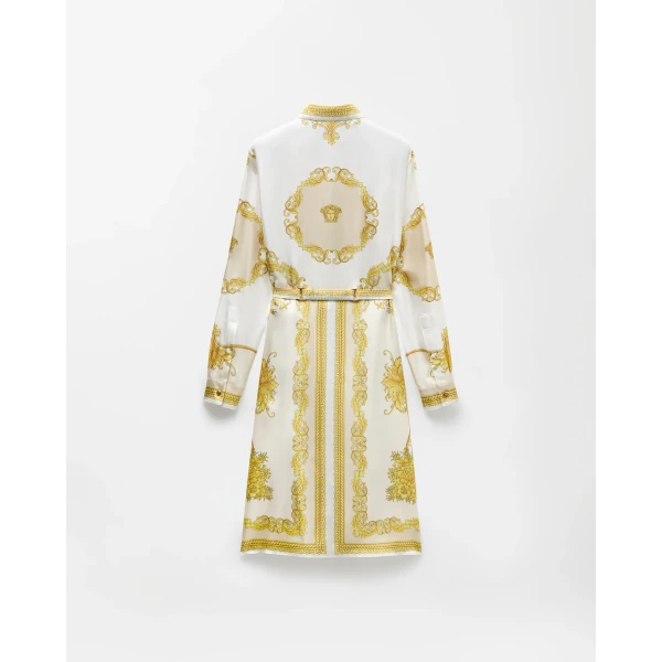 Versace Printed Silk Twill Midi Dress in White and Gold, view 3 | Midi Dresses