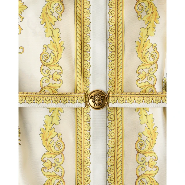 Versace Printed Silk Twill Midi Dress in White and Gold, view 4 | Midi Dresses