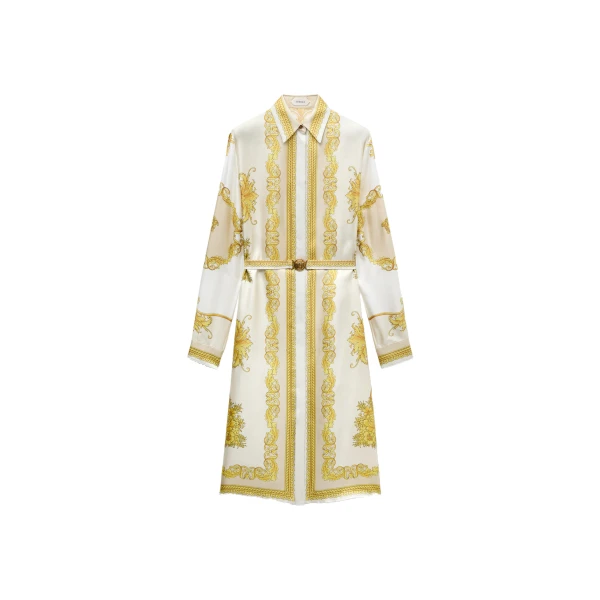 Printed Silk Twill Midi Dress in White and Gold
