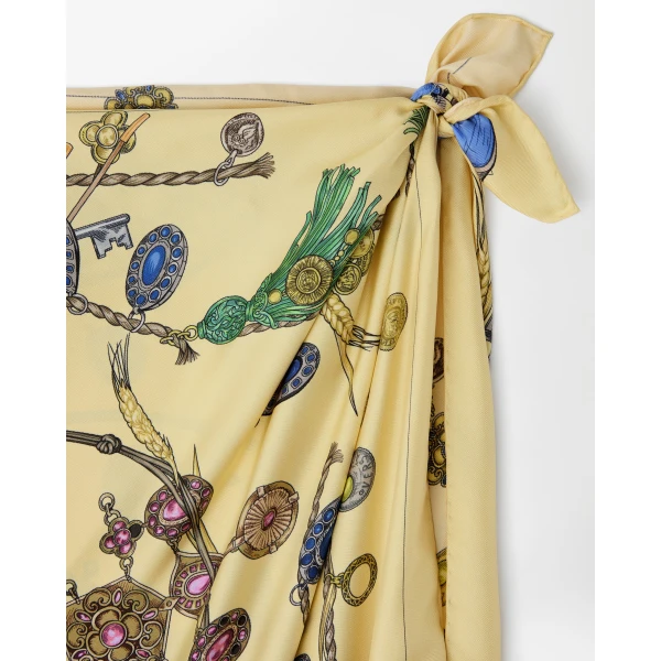 Versace Printed Silk Twill Midi Dress in Yellow, view 2 | Midi Dresses