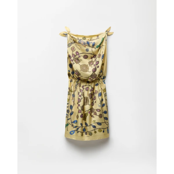 Versace Printed Silk Twill Midi Dress in Yellow, view 3 | Midi Dresses