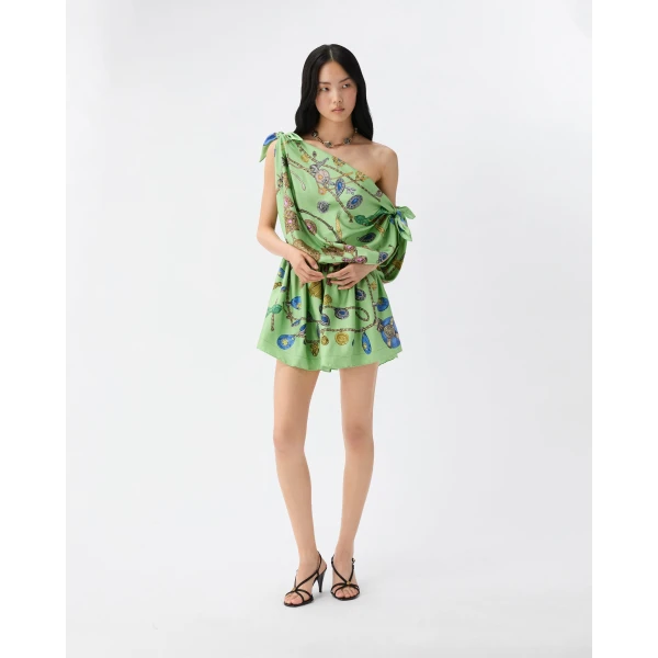 Versace Printed Silk Twill Mini Dress in Green, view 2 | Mini Dresses