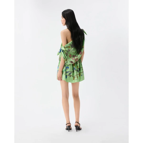 Versace Printed Silk Twill Mini Dress in Green, view 3 | Mini Dresses