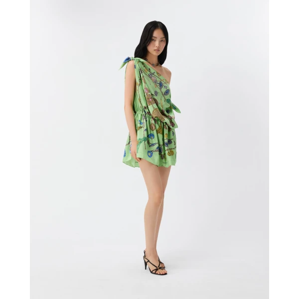 Versace Printed Silk Twill Mini Dress in Green, view 4 | Mini Dresses