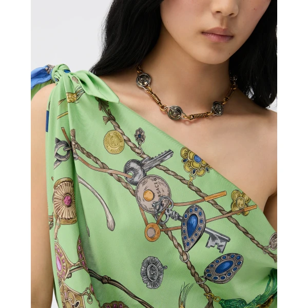 Versace Printed Silk Twill Mini Dress in Green, view 5 | Mini Dresses