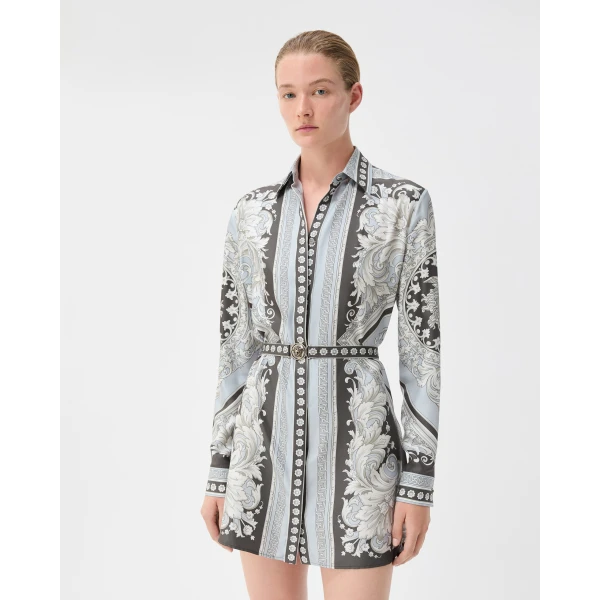 Versace Printed Silk Twill Mini Dress in Grey and Black, view 2 | Mini Dresses