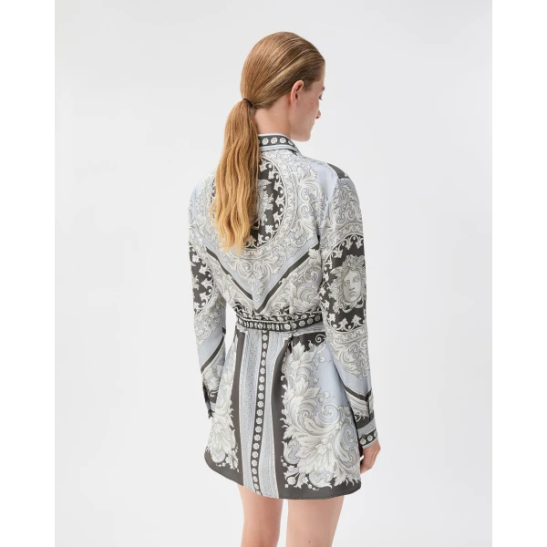 Versace Printed Silk Twill Mini Dress in Grey and Black, view 3 | Mini Dresses