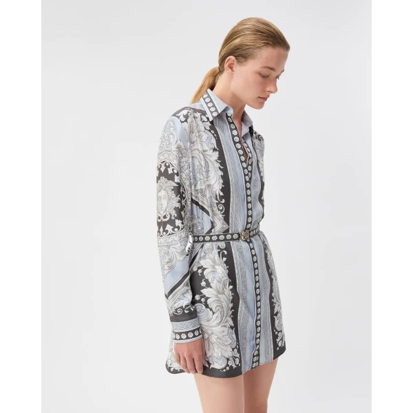 Versace Printed Silk Twill Mini Dress in Grey and Black, view 4 | Mini Dresses