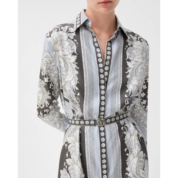 Versace Printed Silk Twill Mini Dress in Grey and Black, view 5 | Mini Dresses