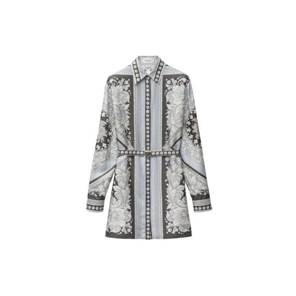 Versace Printed Silk Twill Mini Dress in Grey and Black | Mini Dresses | Coveti