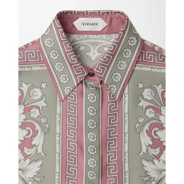 Versace Printed Silk Twill Mini Dress in Grey and Pink, view 2 | Mini Dresses