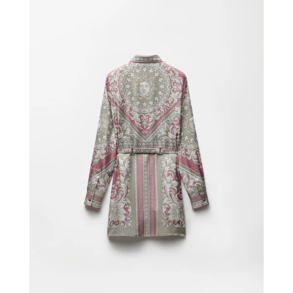 Versace Printed Silk Twill Mini Dress in Grey and Pink, view 3 | Mini Dresses